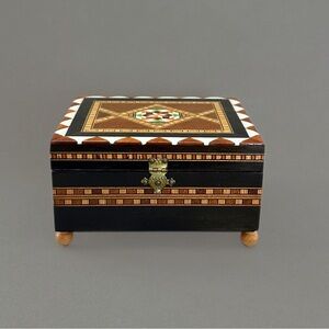 Vintage Granada Inlaid Wooden Jewelry Box Musical Style Red Velvet Interior